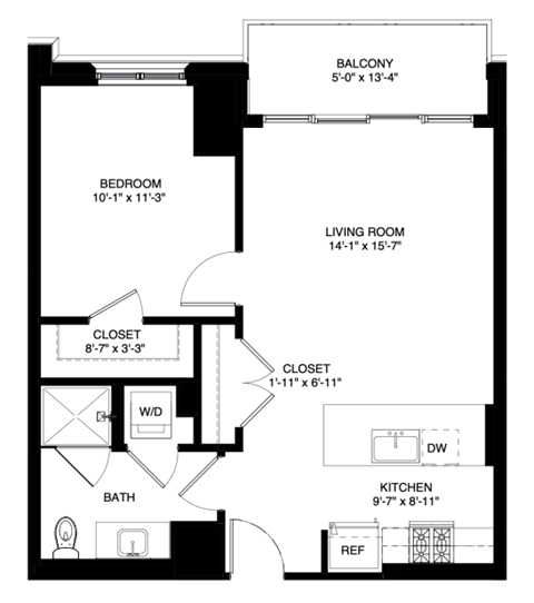 Floor plan for 1 bed, 1 bath, 716 sqft
